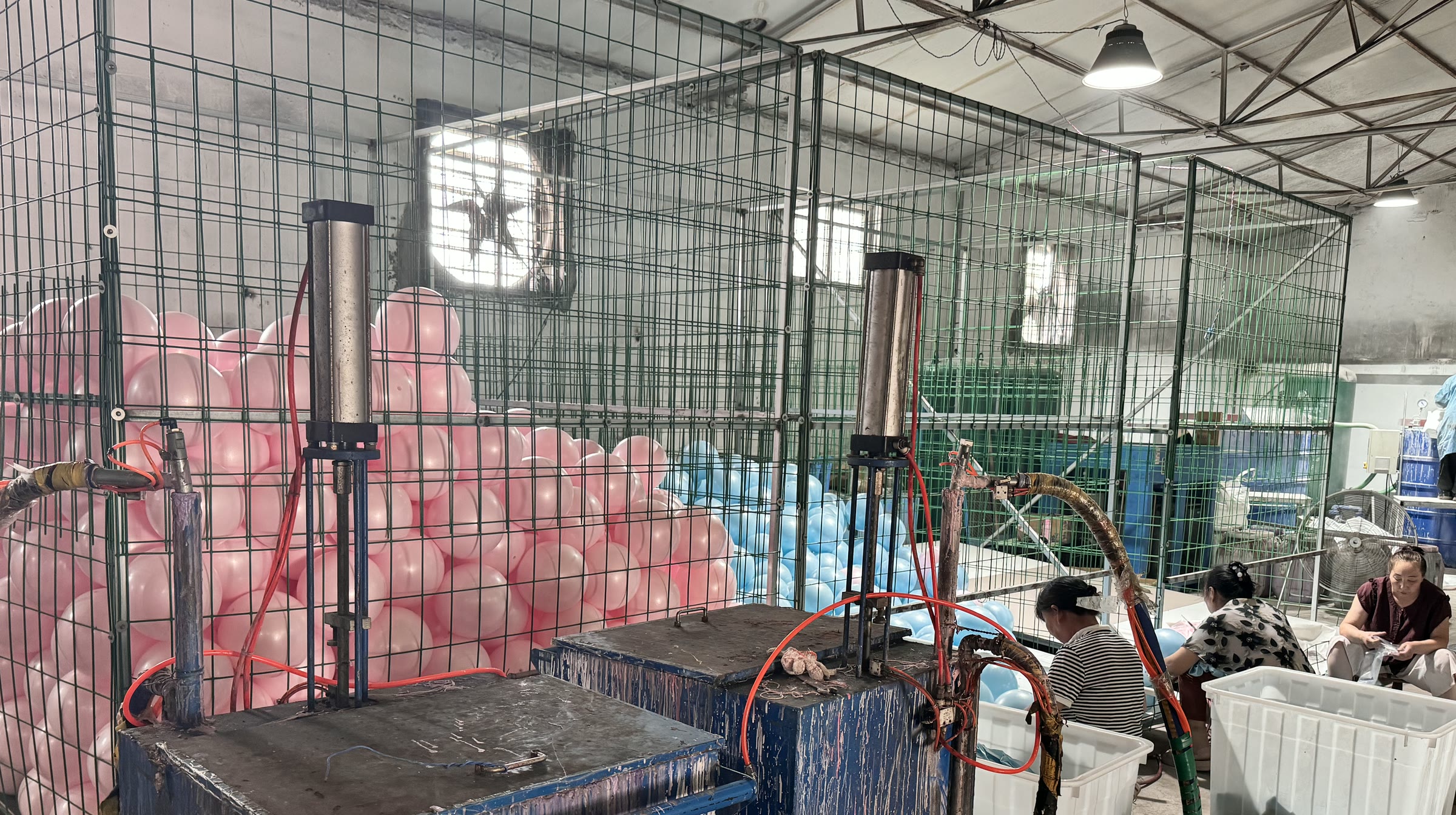 Mini Pilates ball production line, batch cages and packing work inside WENKU's workshop